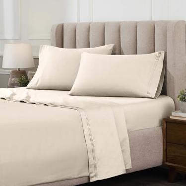 Imagem de Superior Jogo de lençol de algodão egípcio de 4 peças, luxuoso, 1500 fios, design moderno, lençóis sustentáveis, básicos ultramacios, sólido, lençol com elástico alto, lençol de cima, fronhas, casal
