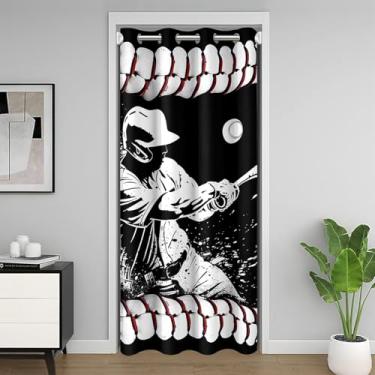 Imagem de Cortina de porta de jogador de beisebol para meninos meninas bola esportes competição cortina de entrada 107 cm L x 203 cm C cortina de armário textura de beisebol aquarela tie dye cortina de porta