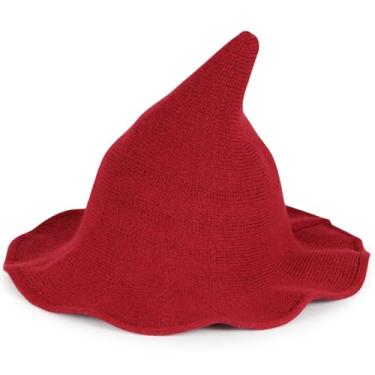 Imagem de Vovocas Chapéu de bruxa de Halloween para mulheres - chapéus de bruxa pretos para adultos, acessório de fantasia para festa cosplay, boné de lã moderno de bruxa, Chapéu de bruxa vermelho, Witch Hat