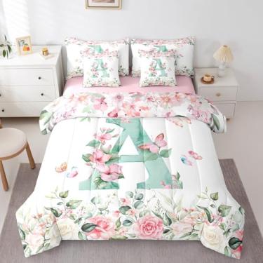 Imagem de Erosebridal Conjunto de edredom solteiro com letra A com monograma verde, 7 peças, para crianças, meninos, meninas, rosa e flores em aquarela, conjunto de cama personalizado com letra A