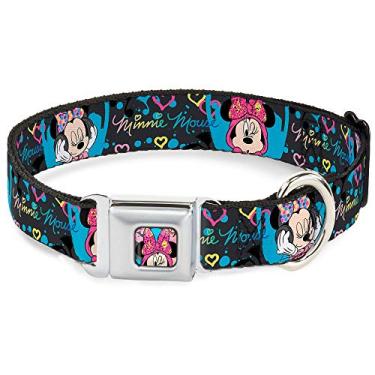 Imagem de Buckle-Down Coleira para cachorro com fivela de cinto de segurança - Minnie Mouse com capuz e poses de fone de ouvido cinza/multicolorida - 2,5 cm de largura - serve para pescoço de 38 a 66 cm -