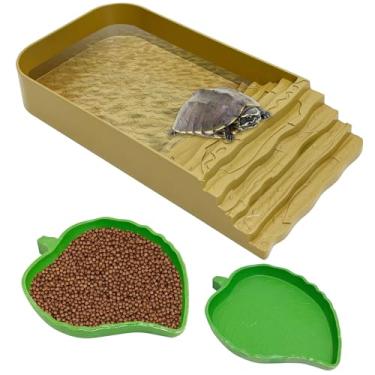 Imagem de PINVNBY 3 peças de prato de comida de tartaruga de plástico para piscina com rampa de folha de réptil prato de comida e tigela de água acessórios de habitat de tartaruga para sapo lagarto caixa