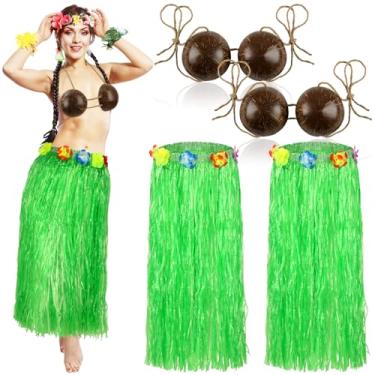 Imagem de Glitopper Conjunto de 2 conjuntos de sutiã de coco, saia de grama hula com flores, conjunto de fantasia havaiana, roupa de dança Leis para mulheres, suprimentos de festa Luau (15,75 polegadas)