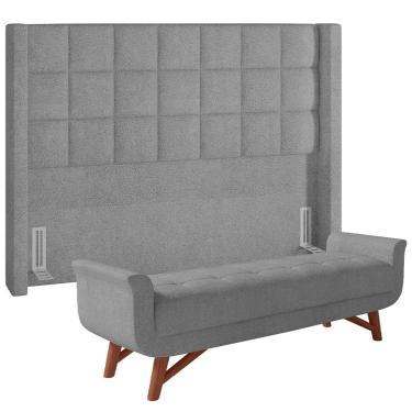 Imagem de Kit Cabeceira Cama Box Paris 160 cm com Puff Recamier Itália P05 Bouclê Cinza - Lyam Decor