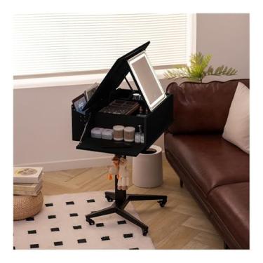 Imagem de Escrivaninha de penteadeira Pequena penteadeira de madeira com espelho flip top, móvel, grande organizador armazenamento para banheiro quarto casa(Preto)