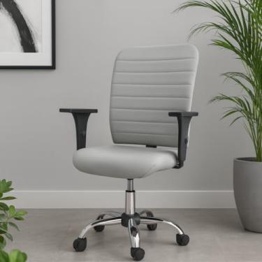 Imagem de Cadeira Escritório Ergonômica Cinza Apoio Lombar Office Executiva Giratória C/Rodízios Cromada Confortável Com Encosto Costura Esteirinha Ajuste De Altura