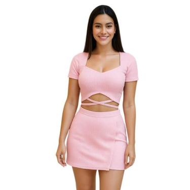 Imagem de Conjunto Feminino Cropped com Bojo e Amarração Frontal Saia com Sobrep