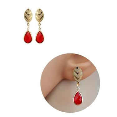 Imagem de Brinco Argolinha Gota de Cristal Vermelho Sian Folheado Ouro - MIXFOLH