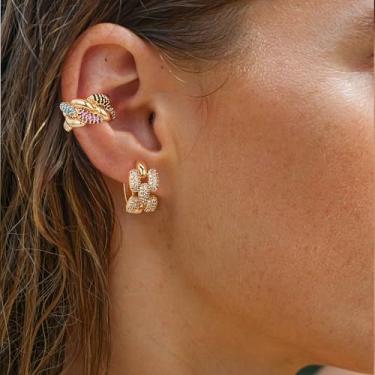 Imagem de Brinco feminino sem piercing banhado a ouro 14 K colorido zircão cúbico piercing falso brinco joia presente, Medium, Latão, Sem pedra preciosa