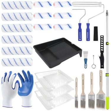 Imagem de BHLUUIYER Kit de rolo de pintura com mastro de extensão de 6 a 10 metros para pintura de casa - Conjunto completo de pintura doméstica com capas de rolo de tinta de 23 e 10 cm, bandeja, pincéis de
