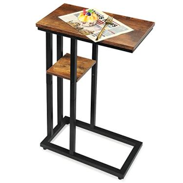 Imagem de Mesa lateral em forma de C para sofá, mesa de canto de sofá para espaços pequenos, mesas laterais finas para sofá cama, mesa de lanche com bambu, marrom rústico moderno