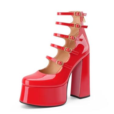 Imagem de Perisis Botas femininas plataforma Mary Janes salto alto bloco grosso cano curto bico fechado botas botas gótico lolita sapatos, Vermelho, 37