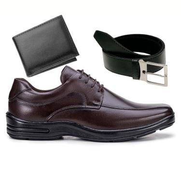 Imagem de Kit Sapato Social Couro Masculino Sola Borracha Anatomico Antiderrapante Cinto Dupla Face Carteira