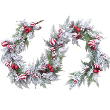 Imagem de Egolot Guirlanda de Natal de 178 cm para porta da frente, guirlanda de Natal vermelha e branca de inverno para ambientes internos e externos, guirlanda de Natal fosca com frutas vermelhas e pinhas