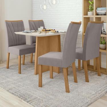 Imagem de Conjunto Mesa De Jantar Celebrare 1,20 C/ Vidro E 4 Cadeiras Apogeu Tecido Veludo Liso Capuccino Amendoa Clean/off White