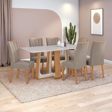 Imagem de Conjunto Sala De Jantar Mesa Easy Pop 170x90cm Tampo Vidro/mdf Com 6 Cadeiras Confort Suede Bege Amendoa/off White