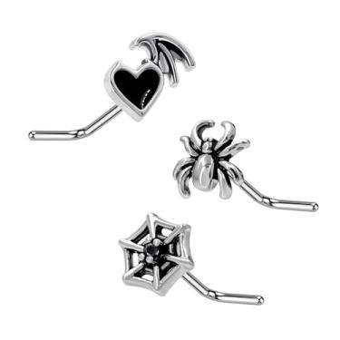Imagem de ALACLO 3 peças de anéis de nariz de Halloween para mulheres 20G 7 mm em forma de L, aço inoxidável 316L piercing de narina joia coração aranha teia anel de nariz