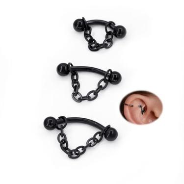 Imagem de ALACLO 3 peças de aço inoxidável 316L 16G Tragus Helix Rook Piercing Joia com corrente, brincos de cartilagem para mulheres, anel de umbigo, piercing labial vertical labret joia preta