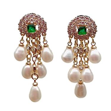 Imagem de Brincos de pérola de arroz branco natural de água doce com borla de zircônia cúbica de zircônia cúbica para casamento feminino