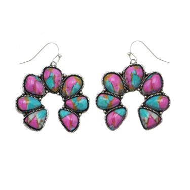 Imagem de Rosemarie & Jubalee Brincos pendentes de flor de abóbora navajo ocidental, estampa turquesa e rosa, moldura com contas prateadas, 4,8 x 3,8 cm