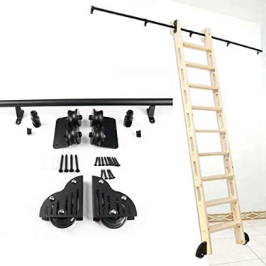 Imagem de ASXCAQ Trilho de tubo redondo de aço de 1 a 6 m, kit de porta de celeiro deslizante preto biblioteca de escada deslizante conjunto completo de trilhos de rolamento, com rodízios de piso (sem escada