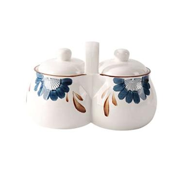 Imagem de Açucareiro estilo japonês com tampa e colher, pote de açúcar pintado à mão, recipiente de açúcar jarra de especiarias com bandeja branca - 1200 ml/1,2 l frascos de especiarias (cor: branco orquídea