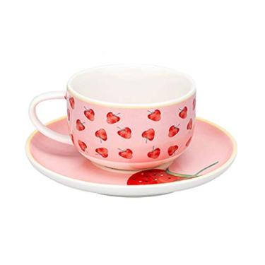 Imagem de EPOTRDCV Copos de cappuccino de cerâmica brilhante com pires, porcelana para bebidas de café especiais/café com leite/moca café/chá, caneca de café pintada com frutas