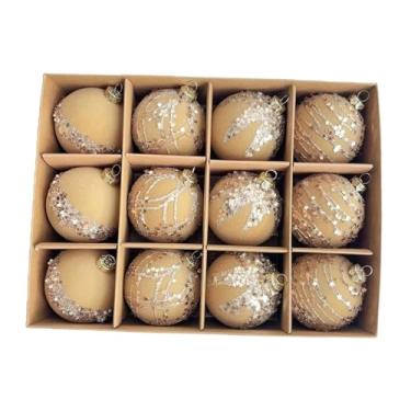 Imagem de UGPLM Conjunto de 12 bolas de Natal com glitter para decoração de árvore de Natal, inquebráveis, de 6 cm, para casa, inauguração e jardim, Cáqui
