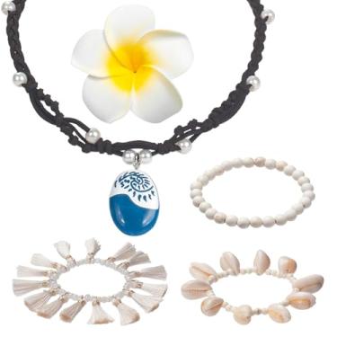 Imagem de GHGMAO Acessórios de fantasia de princesa, clipes de flores havaianas pingente oceano boho concha tornozeleira para mulheres, lembrancinhas de festa de Halloween, acessórios de fantasia (branco)