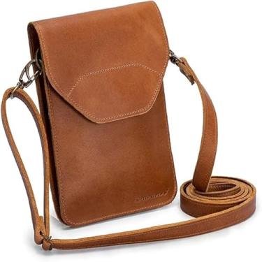Imagem de Bolsa Transversal de Couro, Marrom, Porta Celular com Alça Ajustável, Estilo Carteira