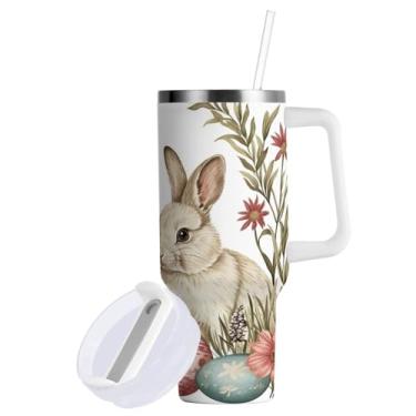 Imagem de Blueangle Copo de coelho da Páscoa de 850 g com alça e tampa de palha, copo isolado reutilizável de aço inoxidável garrafa de água caneca de viagem (84)
