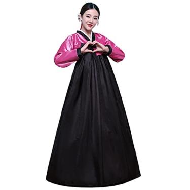Imagem de QYUU Vestido feminino bordado Hanbok fantasia tradicional coreana jaqueta curta saia completa cosplay roupa de desempenho (502# rosa + preto, grande)