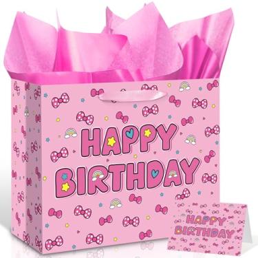 Imagem de Kawaii Saco de presente de aniversário de desenho animado para meninas, papel de embrulho de laço rosa, lembrancinhas de festa de gato fofo, saco de guloseimas com cartão de felicitações de papel de
