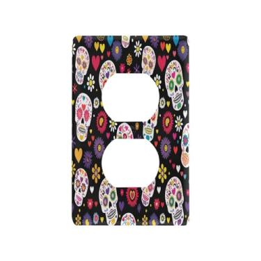 Imagem de Blueangle Placa de parede duplex com flores de caveira de açúcar, tamanho padrão, placas de cobertura de tomada elétrica de 1 gangue para decoração de quarto de escritório em casa, 4,53 x 2,76
