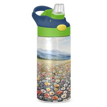 Imagem de Blueangle Garrafa de água de campo de margaridas de aço inoxidável isolada de 350 ml com tampa de canudo - Garrafa esportiva reutilizável à prova de vazamento para viagens, ao ar livre #504