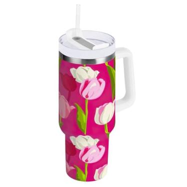 Imagem de Kigai Copo de tulipas bonito de 1,134 g com tampa e canudo, copo isolado de aço inoxidável durável à prova de vazamento com alça, garrafas de água à prova de derramamento para viagens