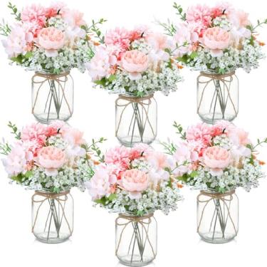 Imagem de Zeyune 6 conjuntos de flores artificiais de hortênsia em vaso de vidro, flores falsas de seda em vaso com hastes de eucalipto, arranjo floral de respiração de bebê para mesa de centro de mesa, sala de