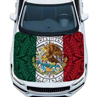 Imagem de Capa de capô de carro com bandeira de totem do México, poliéster elástico, ajuste universal, 9 x 5 pés, faixa de capô automotivo extensível