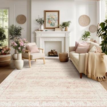 Imagem de BILEEHOME Tapete de berçário para menina neutra blush rosa boho floral lavável macio lã sintética tapetes para sala de estar quarto, 5 x 8 5x8