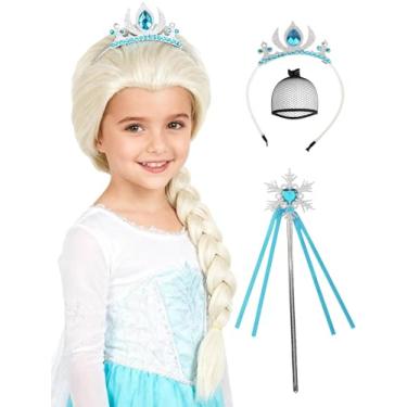 Imagem de Peruca infantil de princesa loira + faixa de cabeça + varinha mágica + touca de peruca, perucas trançadas loiras platinadas longas de 58 cm, cabelo sintético para meninas, fantasias de Halloween