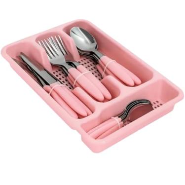 Imagem de Conjunto de Talheres 25 Peças com Organizador, Aço Inoxidável, Cabos Rosa em Polipropileno, Porta Talher Incluso, 6 Facas 6 Garfos 6 Colheres de Mesa 6 Colheres de Sobremesa