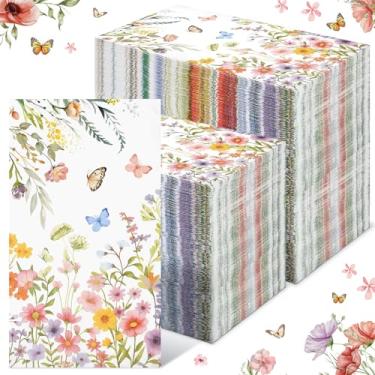 Imagem de Epakh 200 peças de toalhas de hóspedes de papel de flores silvestres a granel guardanapo floral 2 camadas aquarela flores silvestres guardanapos de jantar florais borboleta decorativas toalhas de mão