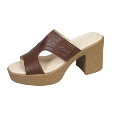 Imagem de Sandálias femininas casuais de verão com uma tira aberta e salto alto grosso, Marrom, 36