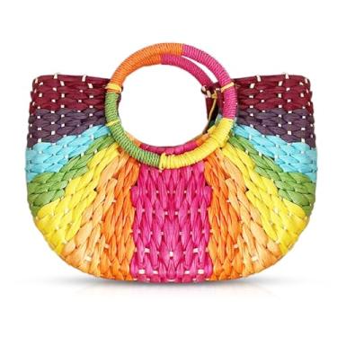 Imagem de Bolsa de praia, sacola feminina, bolsa de tecido à mão com semicírculo colorido, bolsa de palha adequada para viagens, férias, trabalho, combinação diária (estilo 2), Multicor, One Size