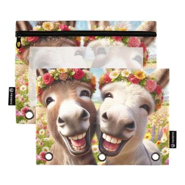 Imagem de GAIGEO Pasta para meninos, 3 anéis, estojo para lápis, fichário com zíper, estojo para canetas, escola, burros fofos, animais engraçados, 25 x 18 cm, 2 pacotes