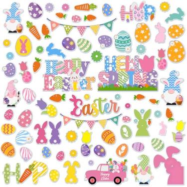 Imagem de Motipuns 82 peças de gel de janela de Páscoa, adesivos de gel grosso Hello Spring, removíveis, reutilizáveis, coloridos, ovos de coelhinho da Páscoa, adesivos de janela de gnomo, decalques para vidro