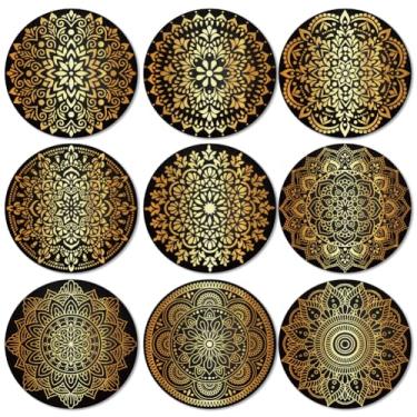 Imagem de ANATTASOUL Conjunto de 9 porta-copos de madeira colorida com padrão mandala dourada presente de inauguração de casa redonda para casa nova, proteção de mesa de centro decorativa de 9,9 cm para