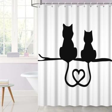 Imagem de OERJU Cortina de chuveiro de gato preto, cortinas de chuveiro engraçadas para banheiro, silhueta de gato, cortina de banheiro, banheiro, decoração de casa, tecido poliéster à prova d'água com ganchos