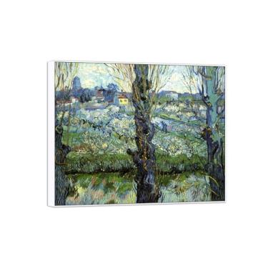 Imagem de BMZFYBS Vincent van Gogh Famosa pintura em tela de arte de parede pronta para pendurar. Floração pomar 2. Imagem em moldura branca para decoração de sala de estar 70 x 85 cm 27 x 33 pol