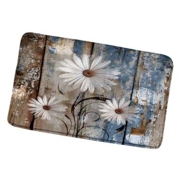Imagem de Tapete de banho floral de margarida rústica flor branca azul marrom vintage celeiro prancha de madeira campo casa de fazenda arte abstrata tapetes de banheiro moderno capacho de cozinha tapete de